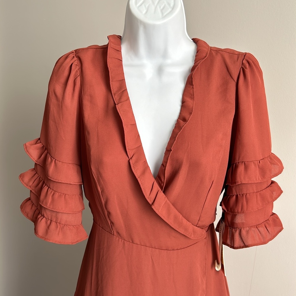 Rust Ruffle Wrap Midi Dress - Women - Picture 2 of 8
